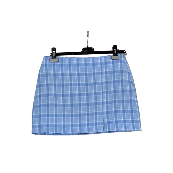 Blackup Korea Blue Plaid Mini Skirt with Front Slit - Picture 1 of 2